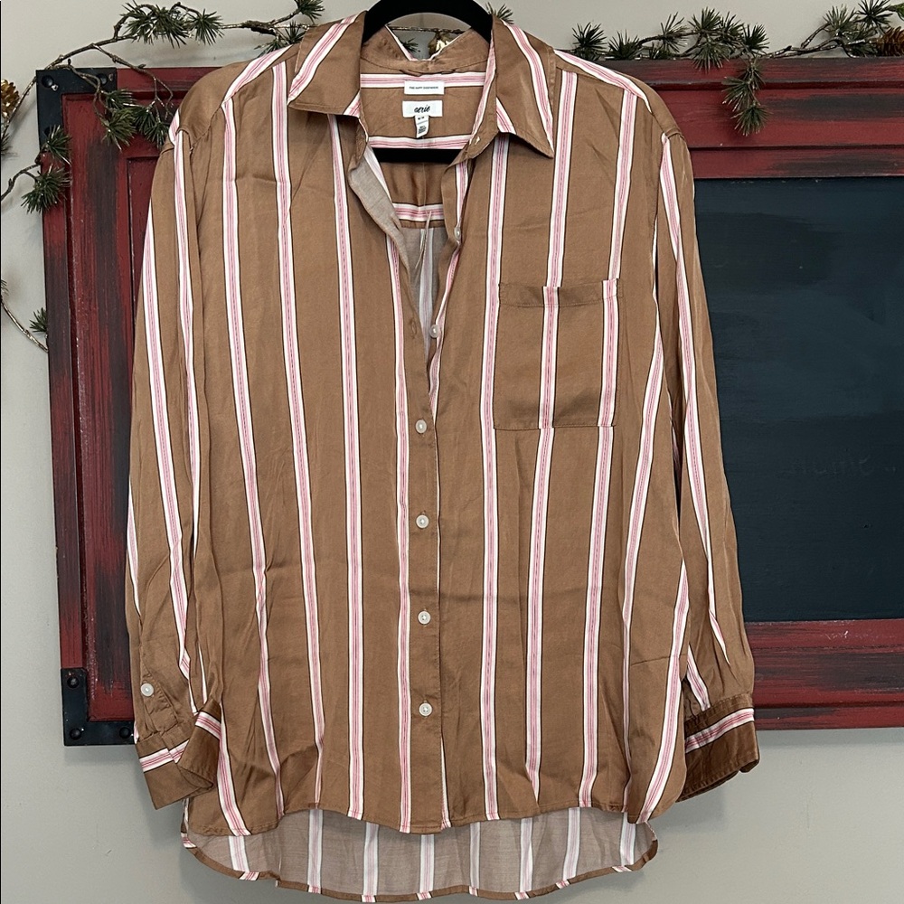 Aerie Brown and White Striped women’s PJ Shirt